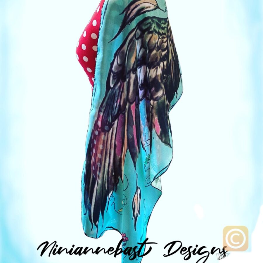 My art printed on scarves like this long winged wrap/scarf