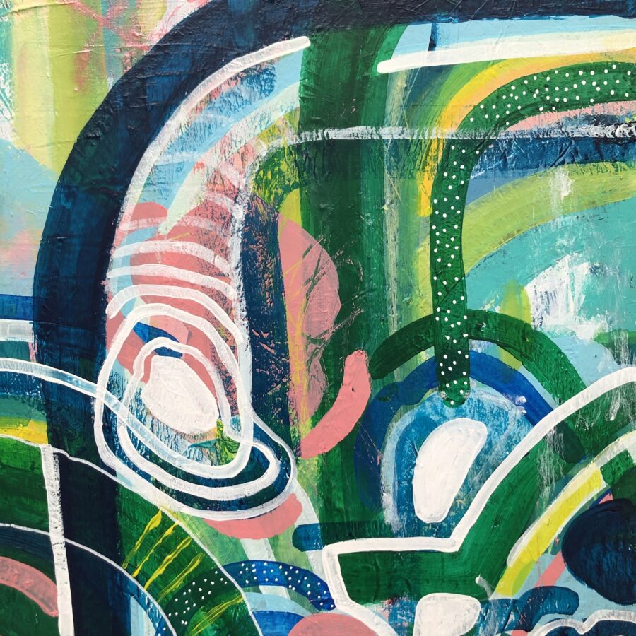 Abstract painting in green, blue and pink with white accents.