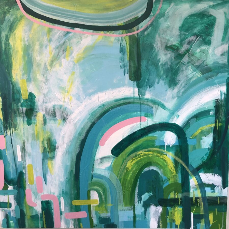 Abstract painting in green with pink accents 