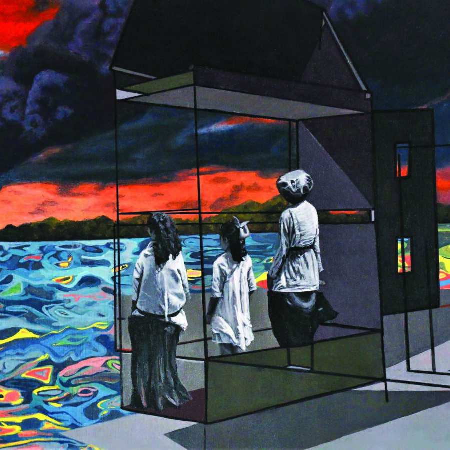 Three girls stand in a deconstructed house over saturated water looking to the shoreline to a burning house
