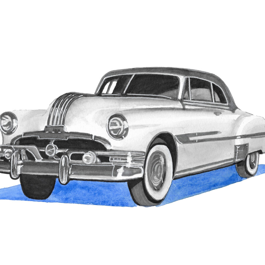A 1950s car is painted in black and white watercolour with a blue shadow underneath