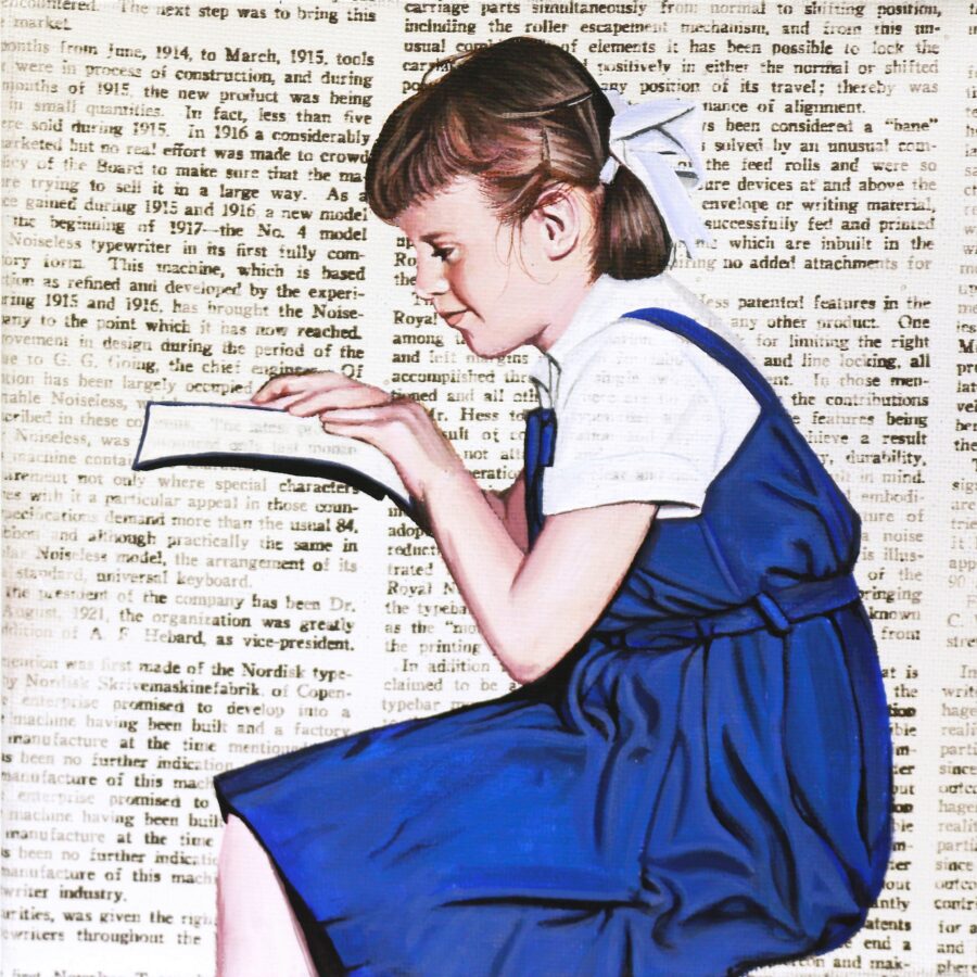 Painted on a newsprint background, a young girl in a blue dress reads a paper