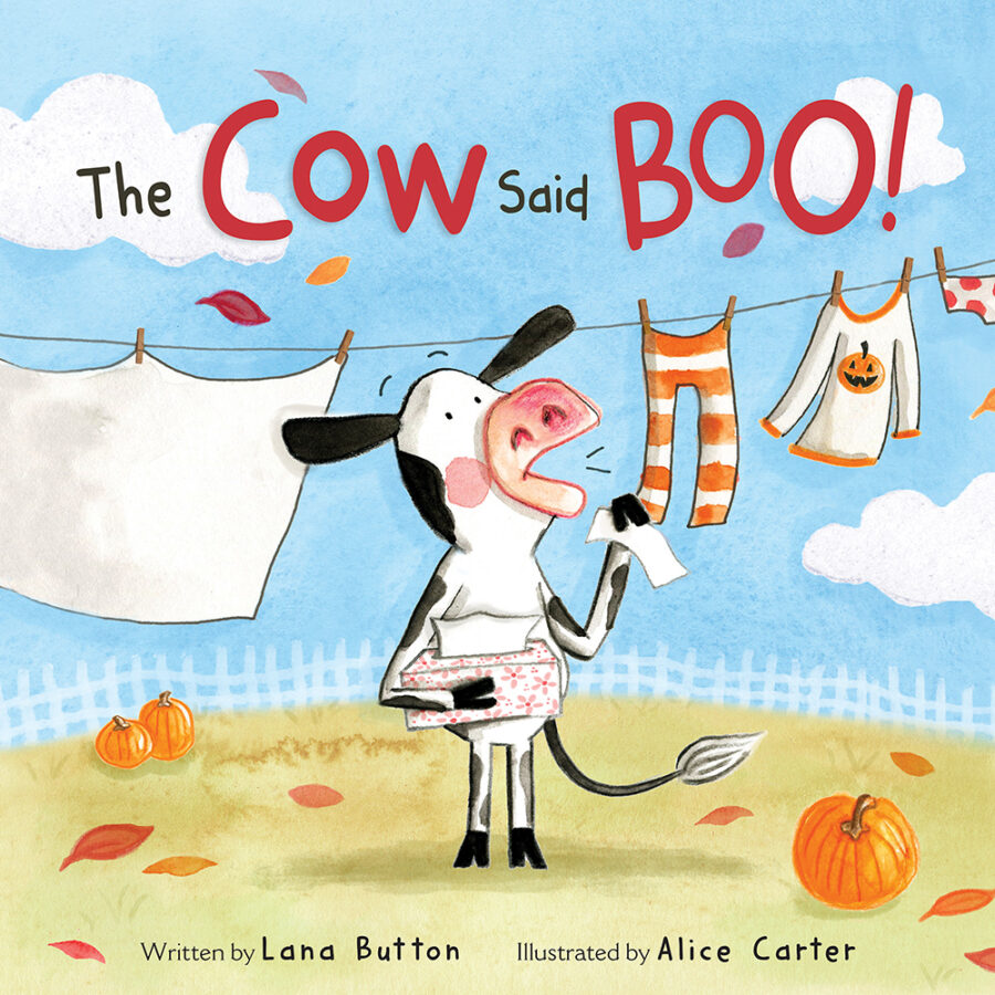 The cover of the picture book The Cow Said BOO! where a cartoon character is standing on two legs and holding tissues with her front legs and has her mouth open as if coughing. There fall themed clothes on a clothesline in the background and the cow is standing in a field with fall leaves and a pumpkin.