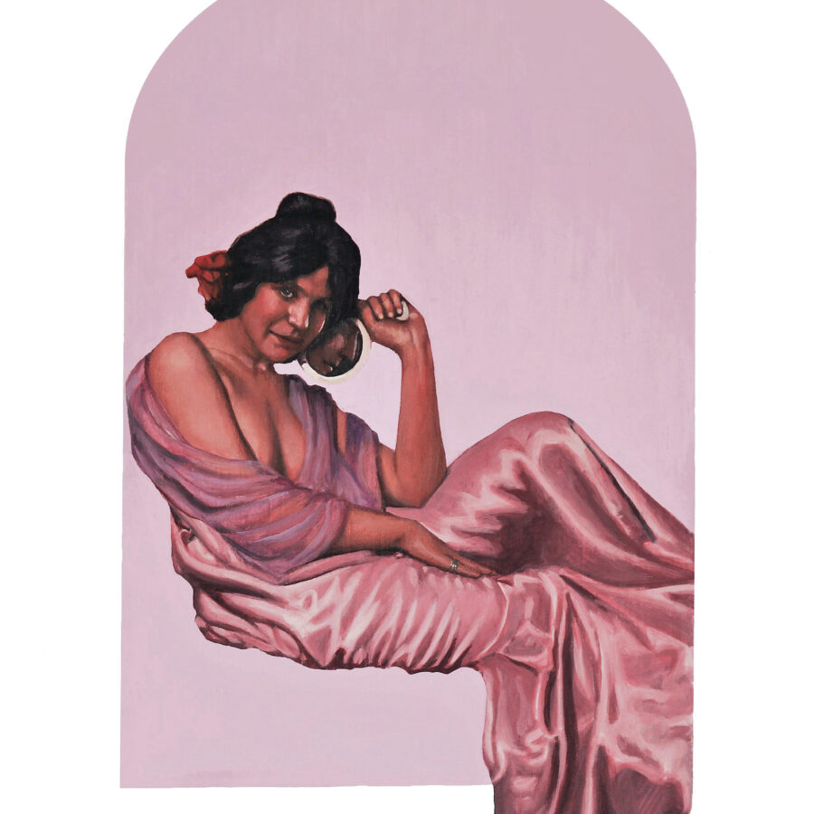 a lady with brown hair and a satin pink dress lounges within a flat coloured pink arch