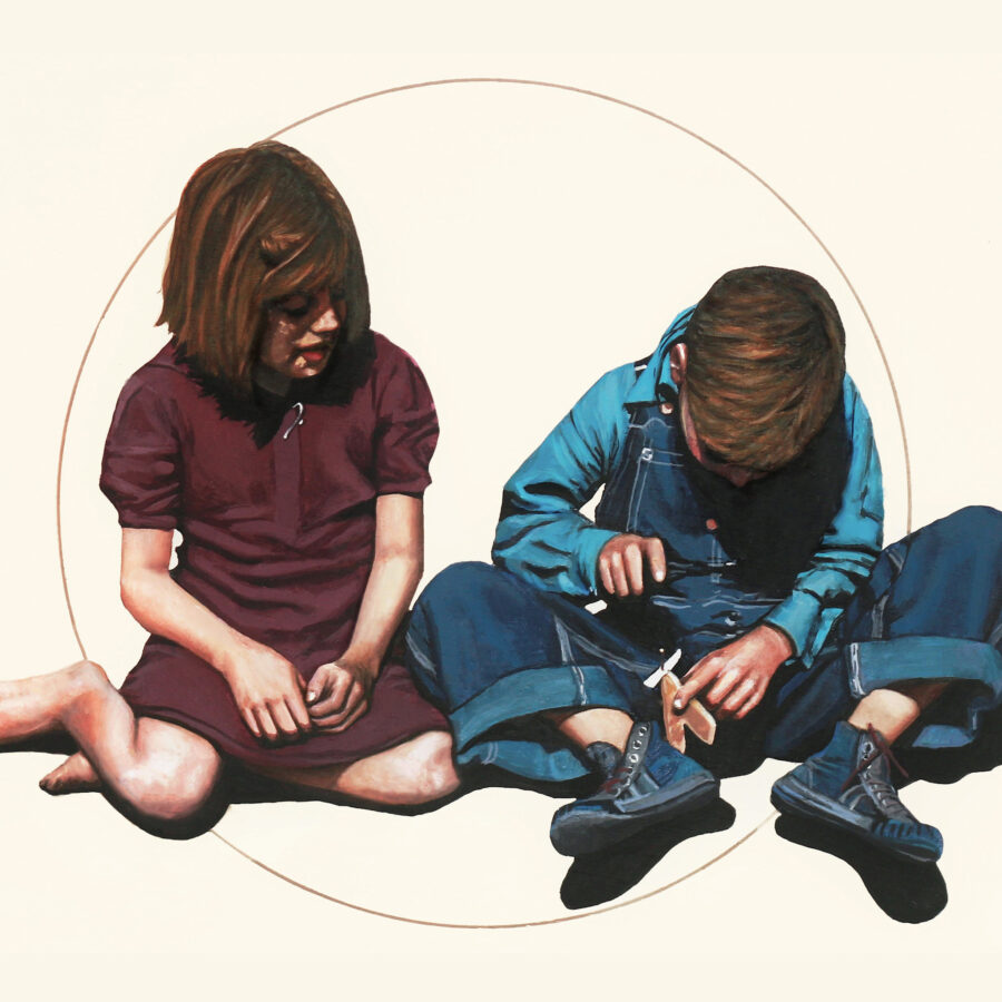Two children sit on the ground in an off-white void, one watching the other tinker with a small toy