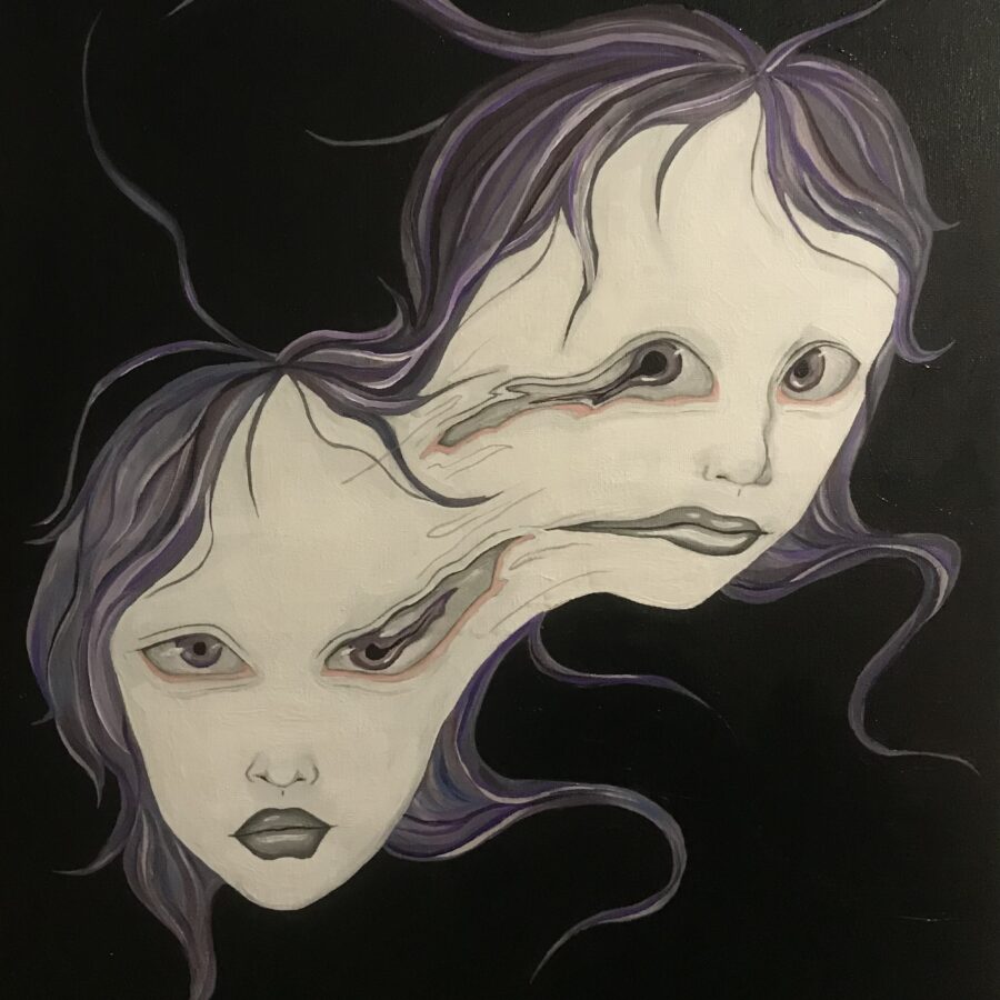 an acrylic painting featuring two heads melting apart. The heads have purple hair and are centred on a black background.