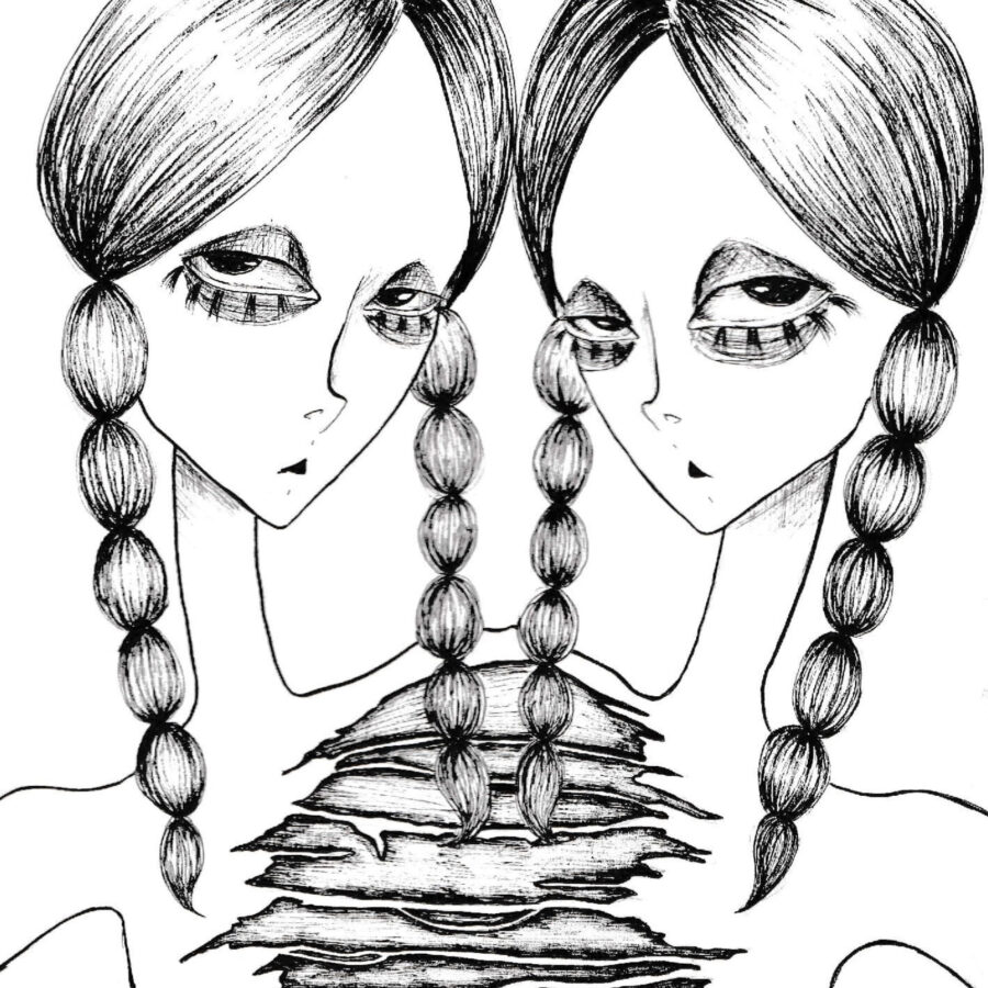 An ink drawing of twins mirrored and connected from the shoulder down. They are tearing apart 