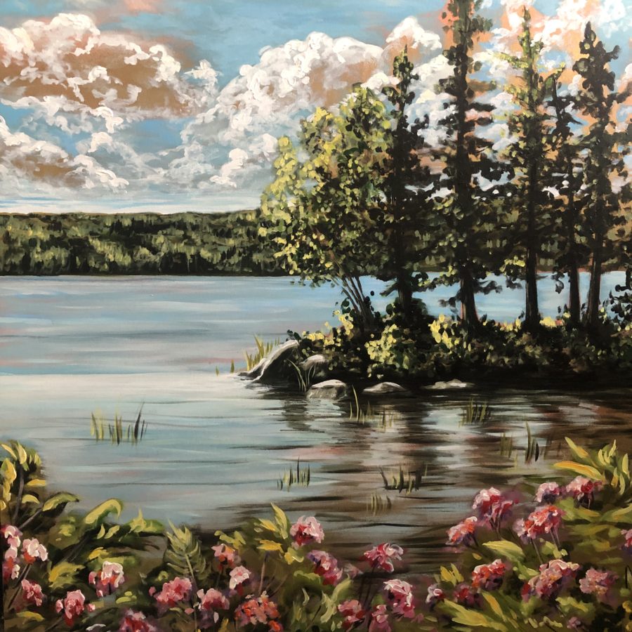 “Summer by the Lake”, 36x36 inches, mixed media on canvas