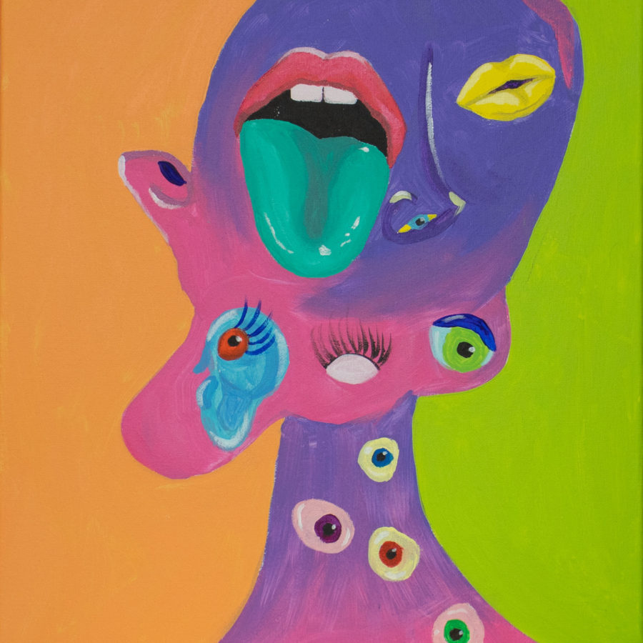 An image of an abstract portrait with mixed up facial features. The head is a mix of pink and purple and the background is half orange and half green.