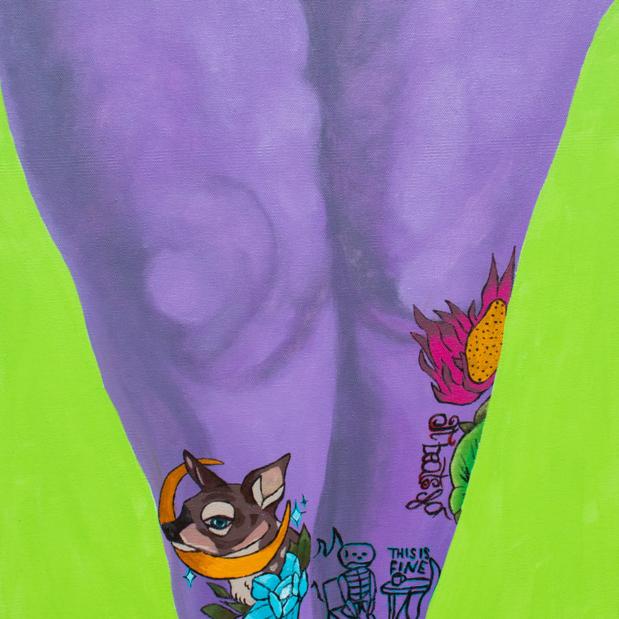 Painting of a woman's legs in purple with tattoos, the background is bright green.
