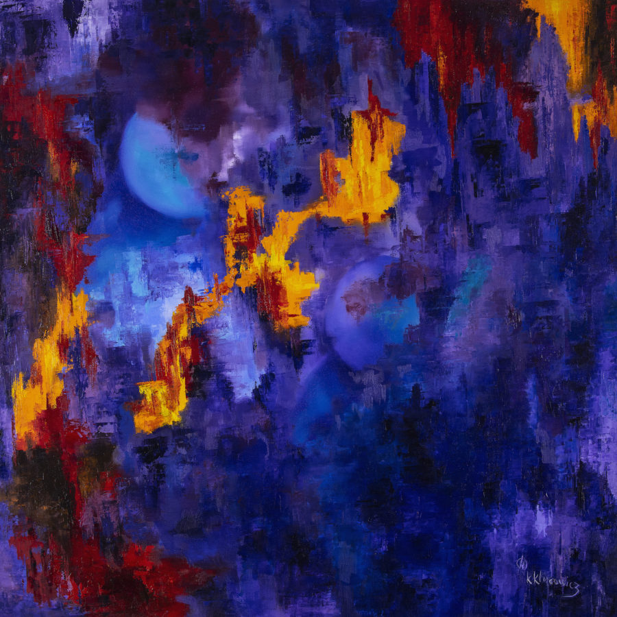 Abstract aerial view of two figures mostly purple.