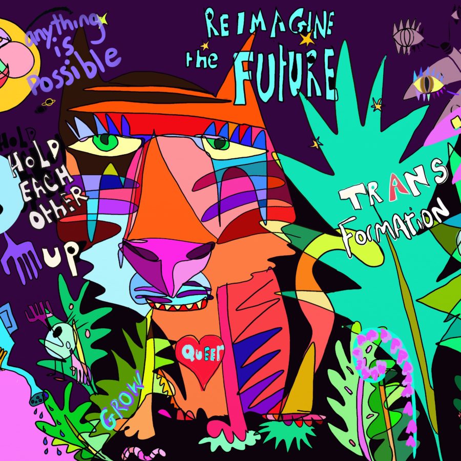 reimagining the future/transformation: piece for barton village:- colourful image with tiger in the centre, sounded by a garden 