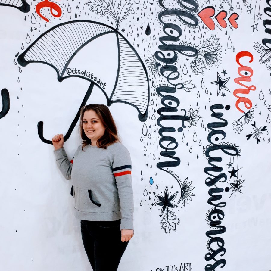 Black & White Line Art Mural of an umbrella and raindrops