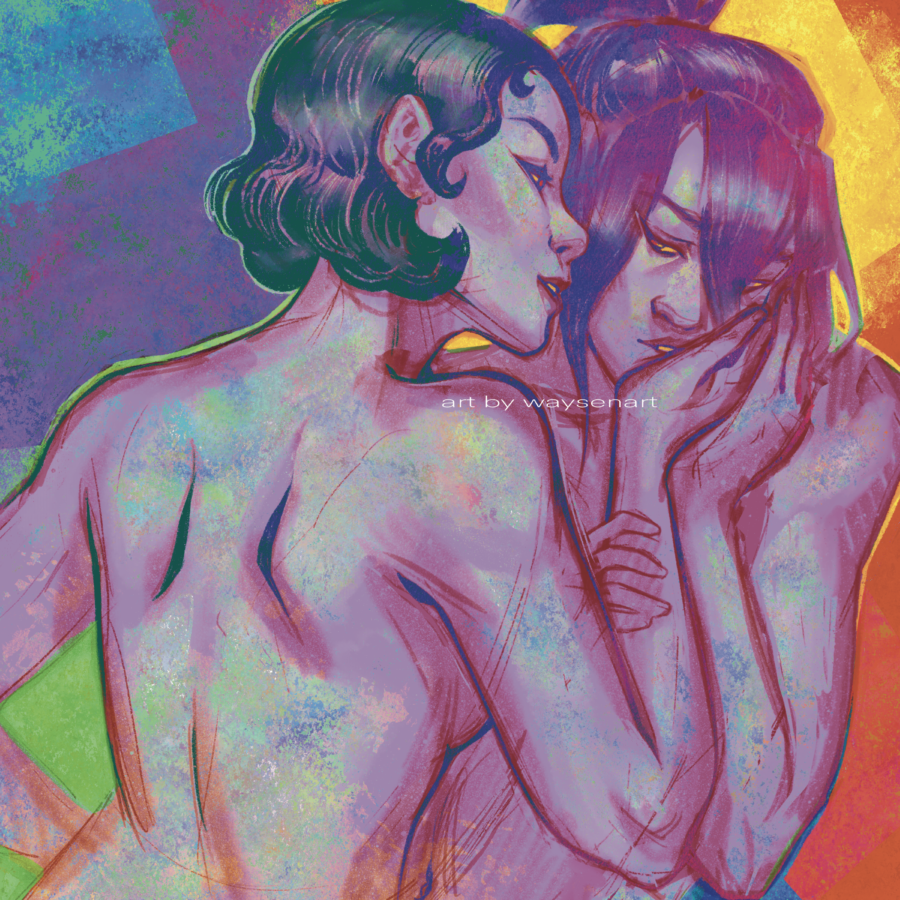 Two figures in embrace with a rainbow combination of colours