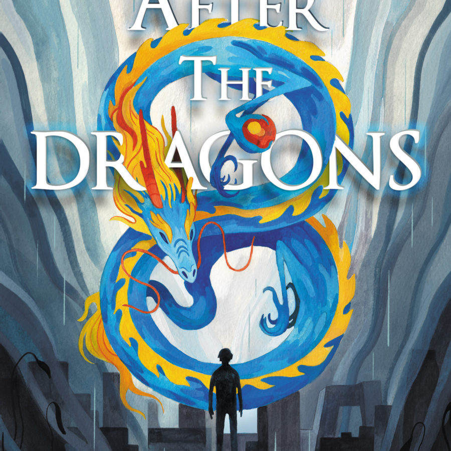 The cover of Cynthia Zhang's AFTER THE DRAGONS, featuring a Chinese dragon over a gloomy Beijing skyline with the silhouette of a young man facing the creature. Cover by Toronto artist Wang Xulin.