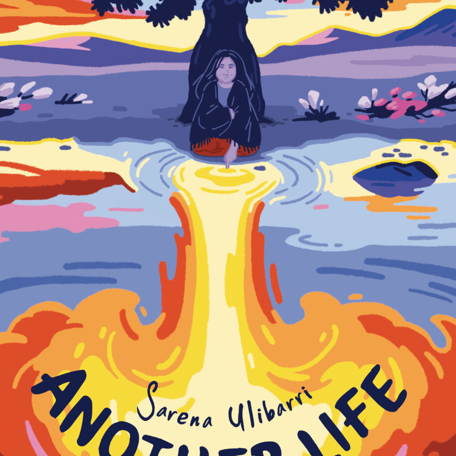 The cover of Sarena Ulibarri's ANOTHER LIFE, featuring main character Galacia sitting at the bank of the human-made lake in Otra Vida. The reflection in the water shows an exposion. Art by Toronto artist Wang Xulin.