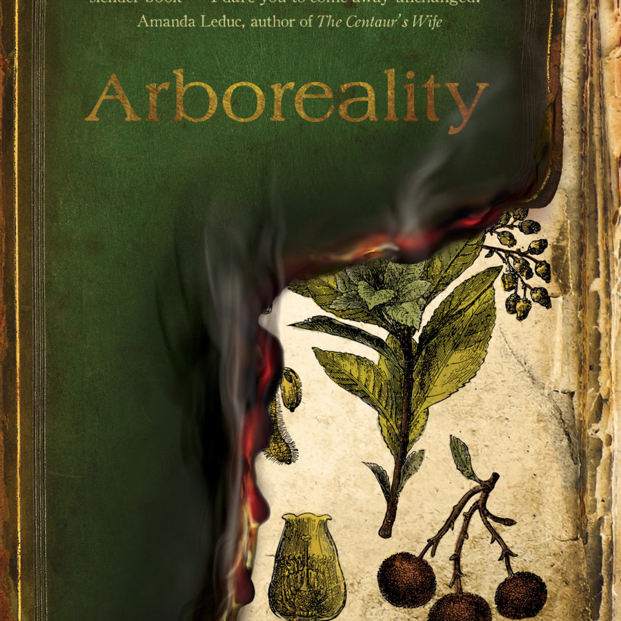 The cover of Rebecca Campbell's ARBOREALITY, featuring a distressed  green leather book cover, warped by water damage and on fire, the front cover peeling back to show botanical drawings of an arbutus aurum tree. Art by Toronto artist Rachel Yu Lobbenberg.