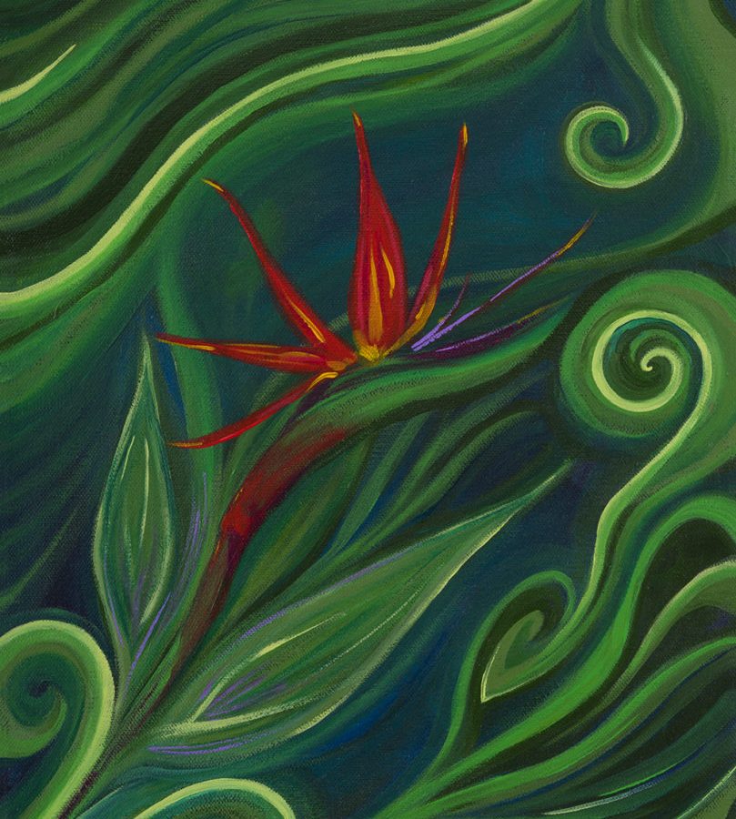 Green organic lines and shapes with a Bird of Paradise flower in the centre.