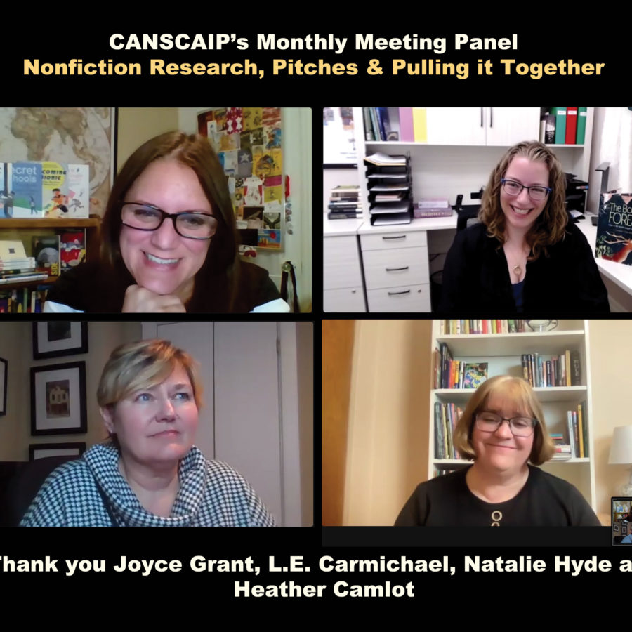 Screen cap showing panel about nonfiction writing for CANSCAIP with authors Heather Camlot, Natalie Hyde and Lindsey Carmichael