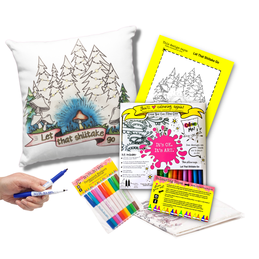 A DIY Kit for colouring your own pillow cover that has a design that says 
