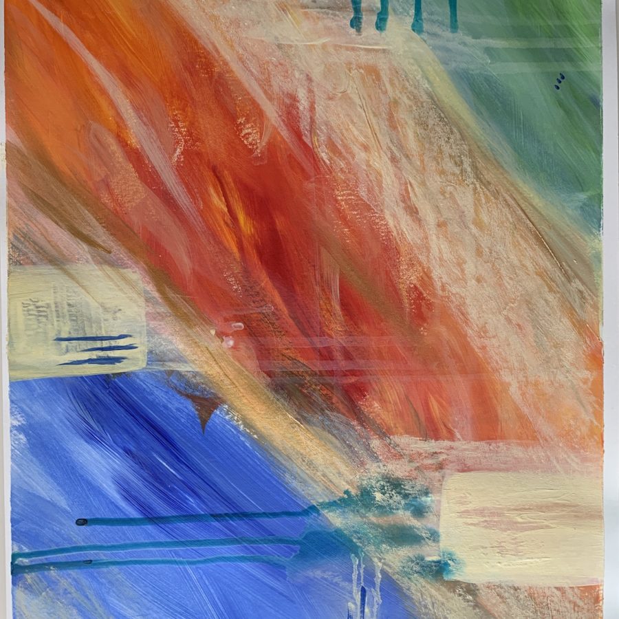 Acrylic and pastel abstract painting with green, yellow, red, yellow, and blue streaks flowing down from top to bottom