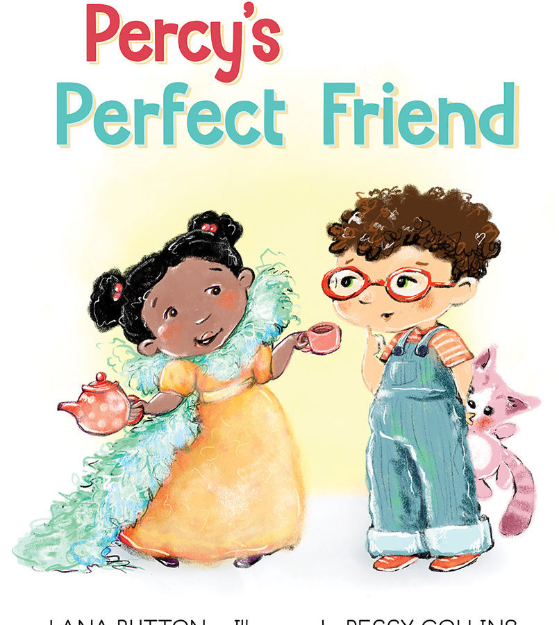 The cover of the picture book Percy's Perfect Friend, where a smiling girl in a dark curly pigtails, wearing a long dress and a dress-up boa is offering tea to a shy looking child wearing overalls and glasses. This chid is looking apprehensive and has a pink cat stuffy behind his back.