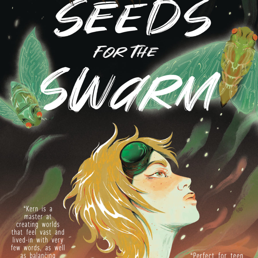 The cover of Sim Kern's SEEDS FOR THE SWARM, featuring main character Rylla looking up at cicada bots. Art by Isip Xin.