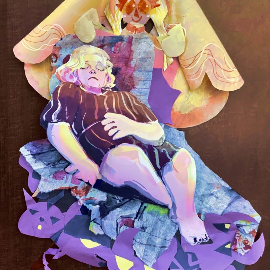 mixed media collage painting of a woman sleeping while a mylar collaged angel watches above, with collaged construction paper demons underneath the bed