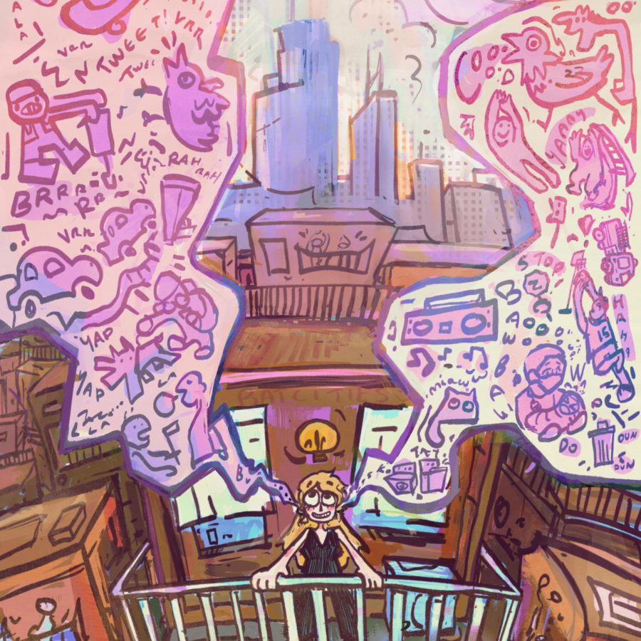 an illustration of a woman looking up in glee at the city skyline, abstract symbols of city sounds flowing into her from the left and right