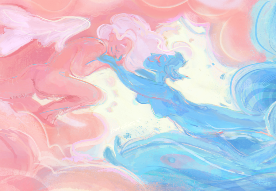 an image of two nude transgender figures emerging from pink clouds and blue water, meeting each other in the middle. the illustration uses the colours of the transgender flag