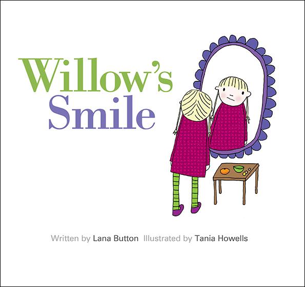 The cover of the picture book Willow's Smile which shows a drawing of a young girl who is looking into a large mirror with a perplexed look on her face