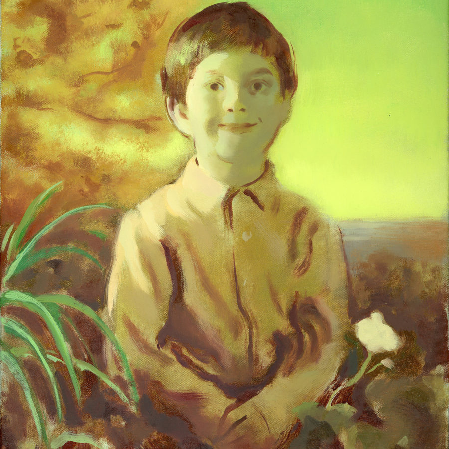 Boy with Fake Trees, 16x20, oil on canvas, 2023.