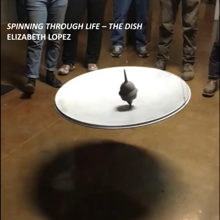9 inch tall cast iron top spinning on concave suspended swinging dish, by Elizabeth Lopez