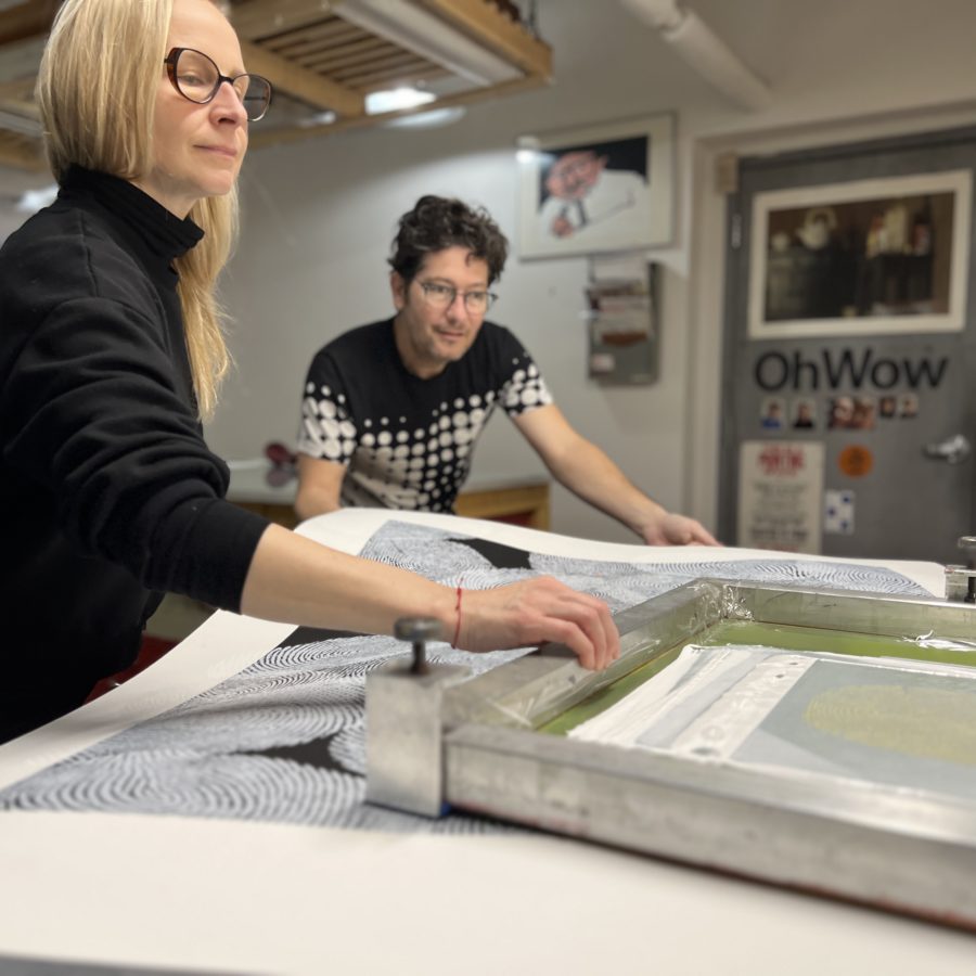 Artists Kristiina Lahde and Adam David Brown in Smokestack's Analog Studio during their time in residence with Smokestack's Analog Print Residency, 2023