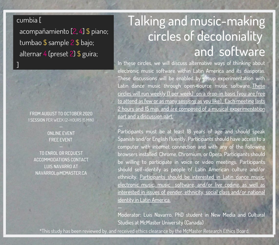 A poster of the event Talking Circles on Software and Music sponsored by McMaster University and the Factory Media Centre (2020).