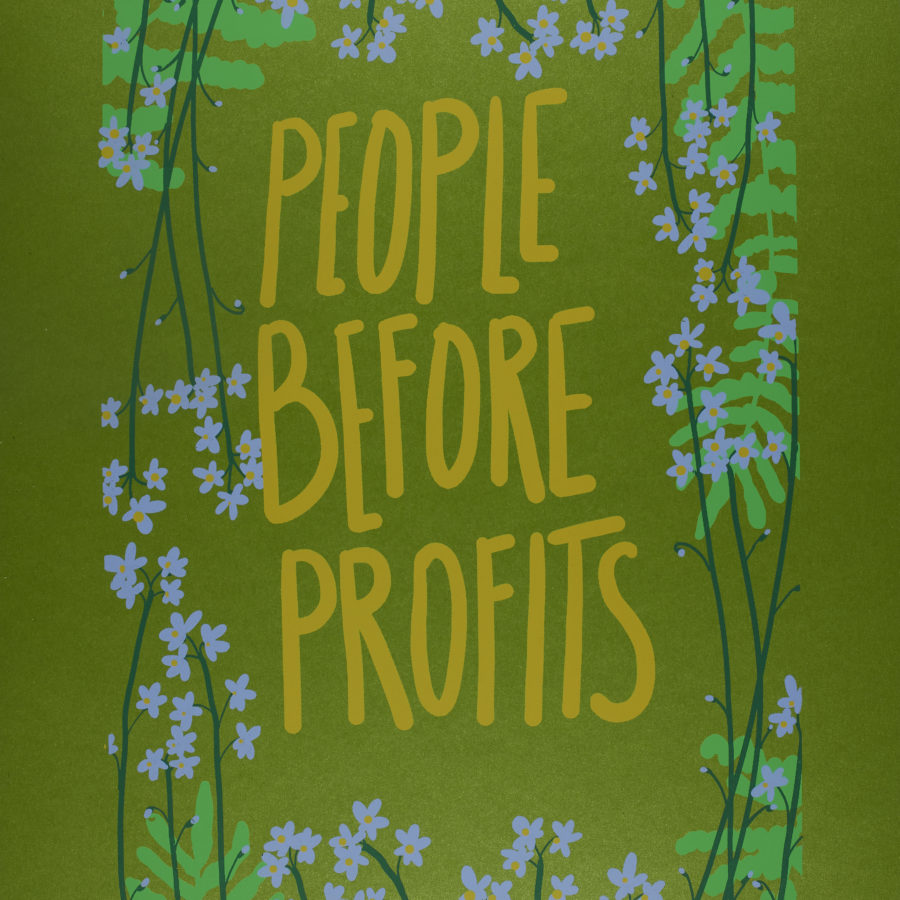 A colourful print on green paper with the text: People Before Profits. The print is bordered with ferns and forget-me-nots
