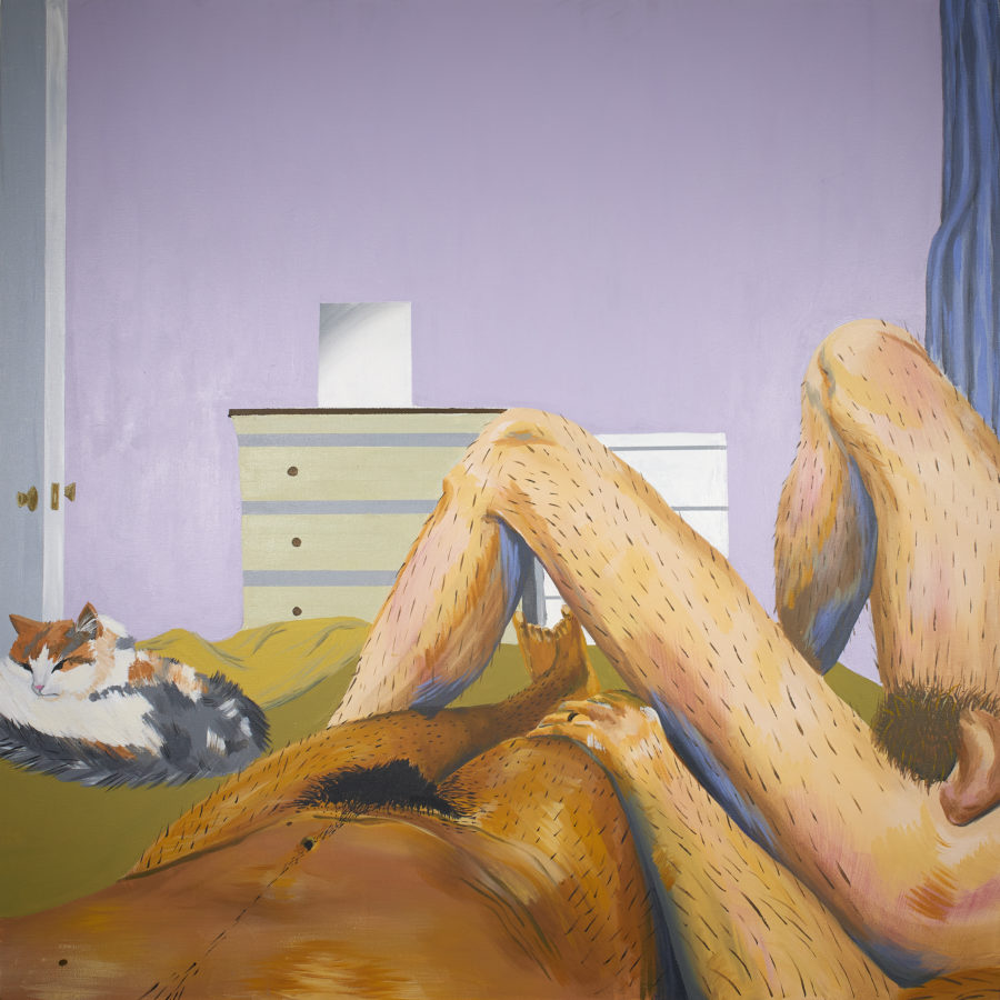 a nude painting from the waist down of a man and woman lounging in bed with their cat