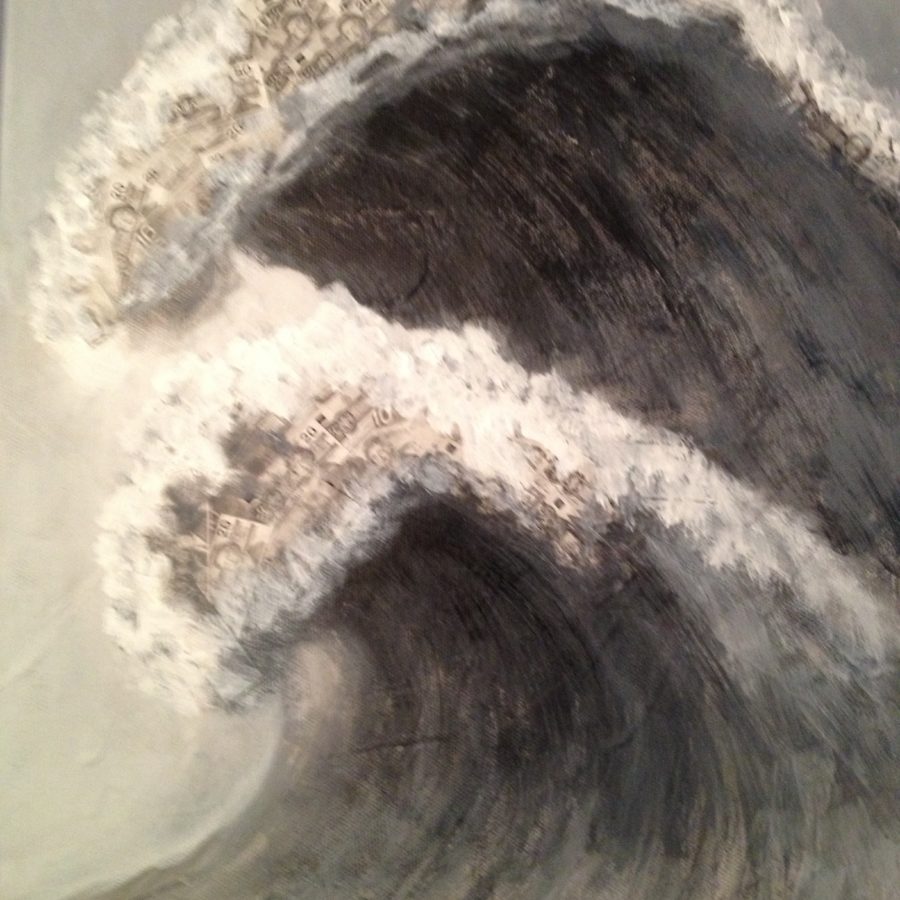 Climate Change Impact Series: Economic Tsunami, Acrylic, photocopies on canvas, 14