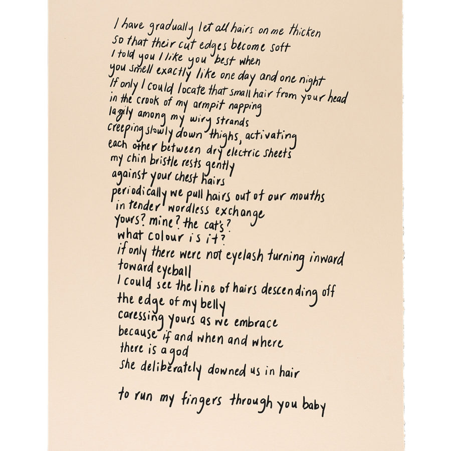 a screenprint of a handwritten poem about body hair