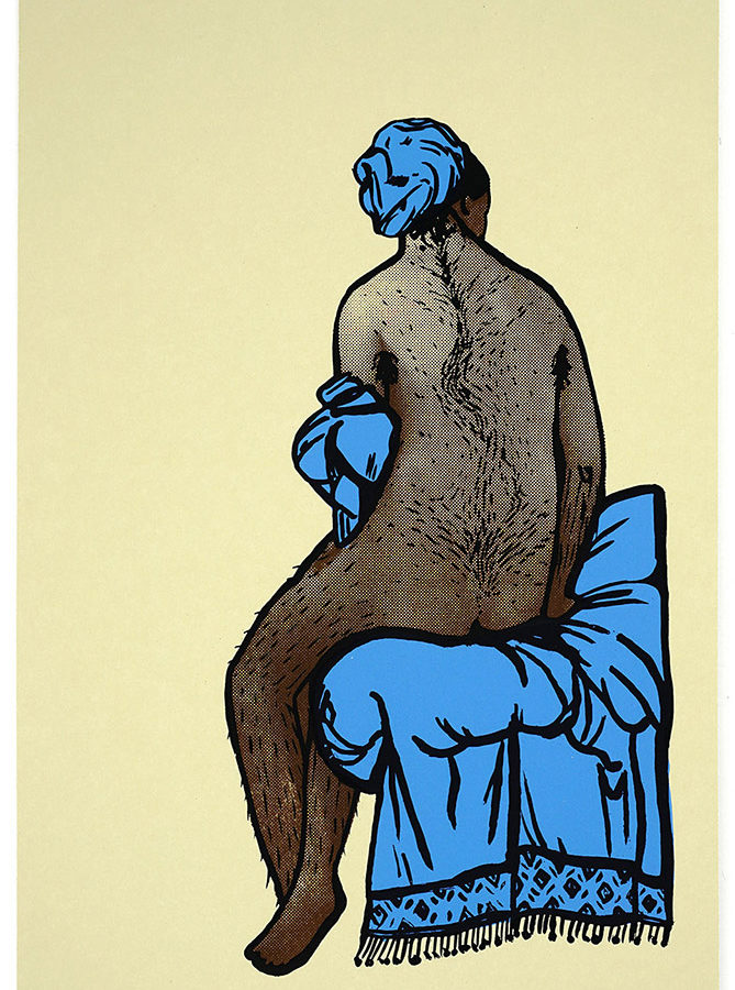 A nude woman sits on a pile of blue blankets with her back facing the viewer. Her back has a small trail of black hair patterning her skin.