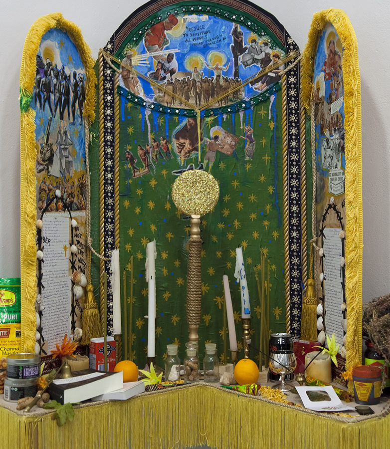 A colourful handmade altar. 