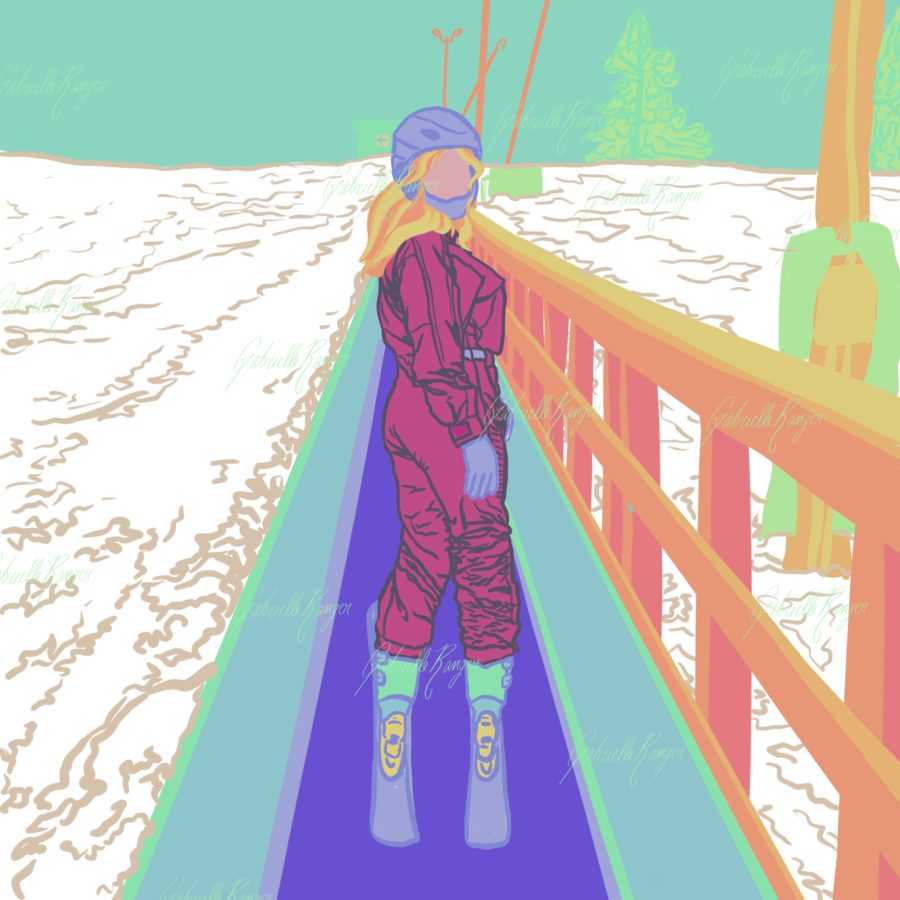 SKI, 2022. Digital Art. This is an example of one of my styles of digital art. In this image, a figure is depicting riding up a magic carpet in her skis ready to go down the hill. In this image vibrant and neon colours were used reminiscent to the 80s, to reflect the fun snow suit the subject is wearing. 