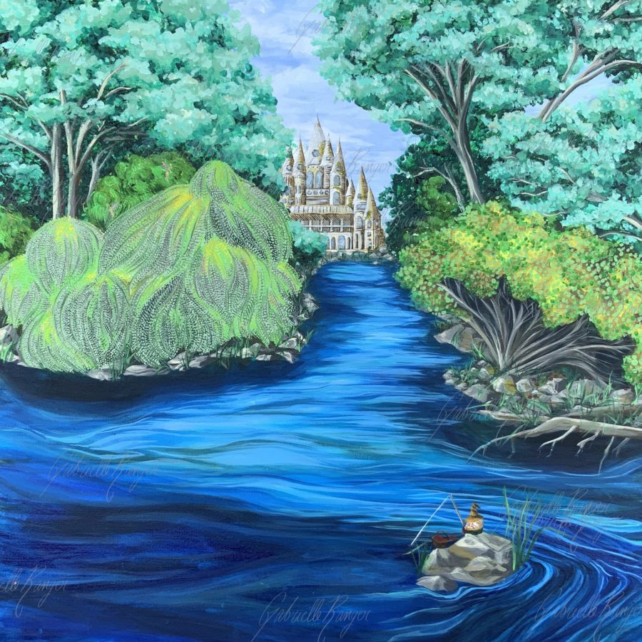 Gnome Fishing, 2023. Acrylic on canvas. 24’’ x 24’’. Currently on display and the Museum of Northern History in Kirkland Lake. This piece explore a serene landscape with a mysteriums iridescent castle tacked away into the background. Water moves through the picture from the background into the foreground where a little gnome can be seen fishing. 