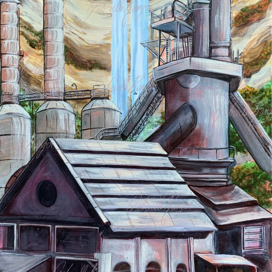 Where Hamilton Industry and Nature Meet, 2023. Acrylic on Canvas. 15’’ x 30’’. A famous Hamilton waterfalls sets the background of this piece, while an industrial mill extends from the mid ground to the foreground. Near the front two workers can be seen, frozen in time as an ode to the people who built up the city. 