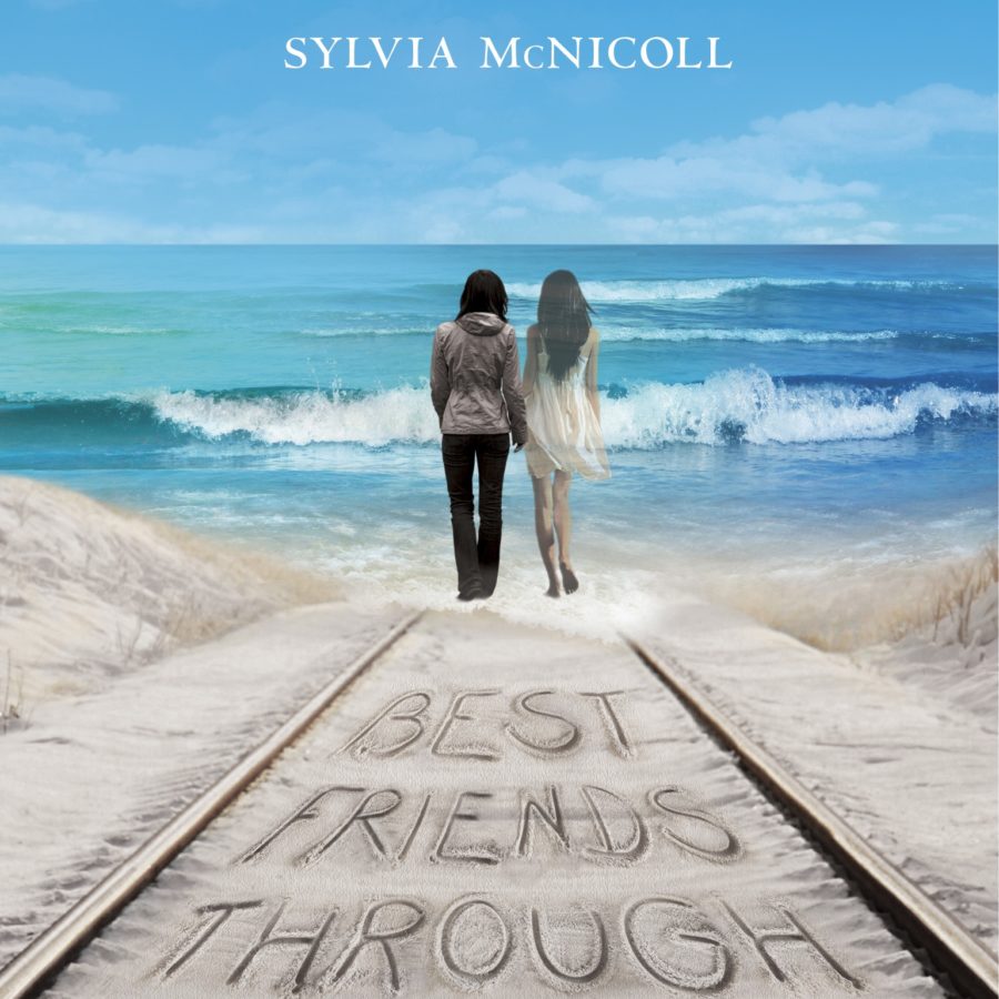 Cover of Best Friends Through Eternity, sky blue beach scene with two girls walking towards water, one a ghost