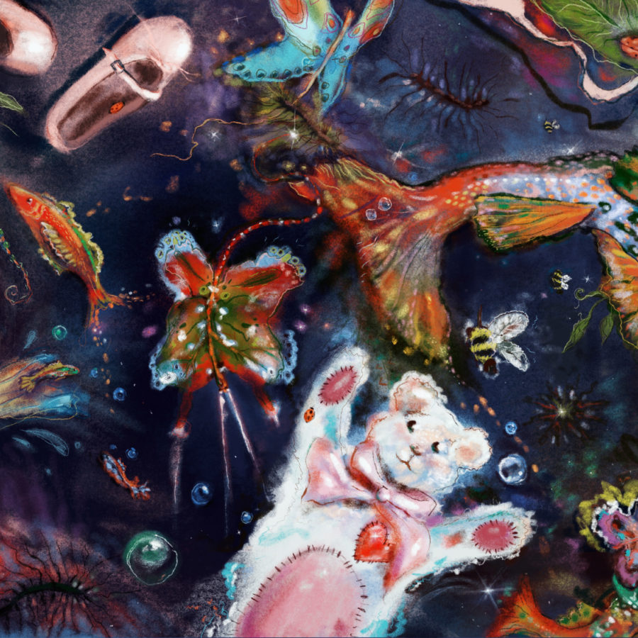 in dreams - digital illustration of teddy bear,  butterflies, wand, galaxies of stars and more