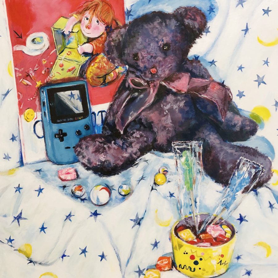since 2001 - acrylic still-life painting of a teddy bear, children's book, and other nostalgic paraphernalia