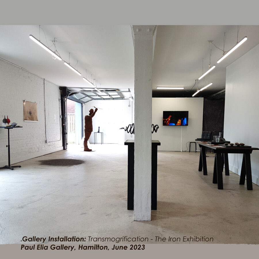 Gallery installation shot of exhibition with Ante Kurilic's life-sized work prominent at back.