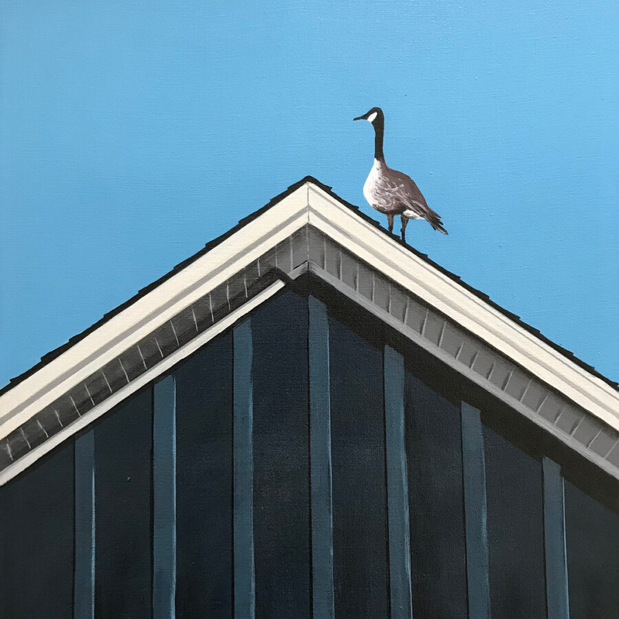 16x20” Goose on a Roof acrylic painting on recycled canvas. 