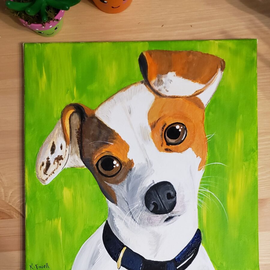 A painted small dog with a green background.